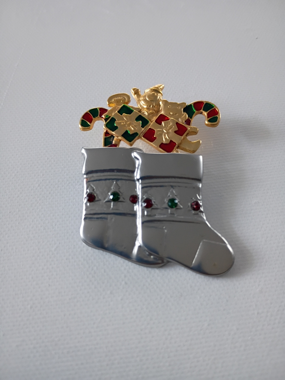 Vintage Festive Silverstone Stocking Brooch with Candy Canes and Presents